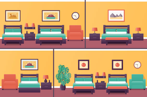 pokoje hotelowe wnętrza. sypialnia w płaskim stylu z łóżkiem. wektor. - bed and breakfast bed green indoors stock illustrations