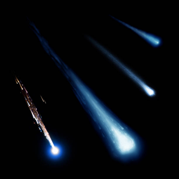 Blue meteor and comets collection isolated on black background. stock photo