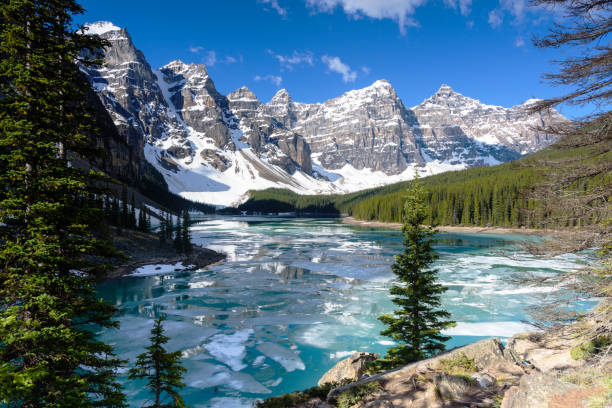 View of Valley of the Ten Peaks moraine lake with blue sky in springs, Banff National Park, Alberta, Canada View of Valley of the Ten Peaks moraine lake with blue sky in springs, Banff National Park, Alberta, Canada moraine lake photos stock pictures, royalty-free photos & images