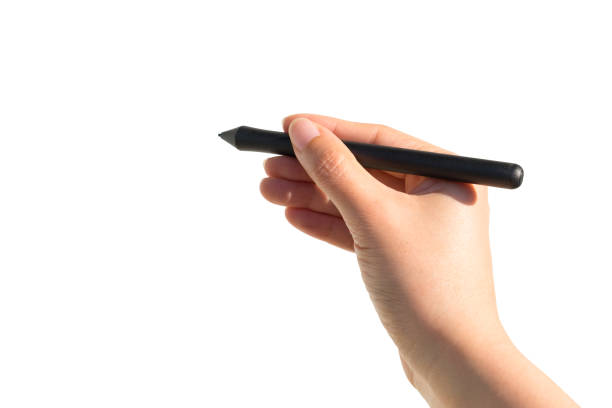 istock Woman's hand holding a black pen mouse with copy space for your text. Isolated on white Background. 912029660