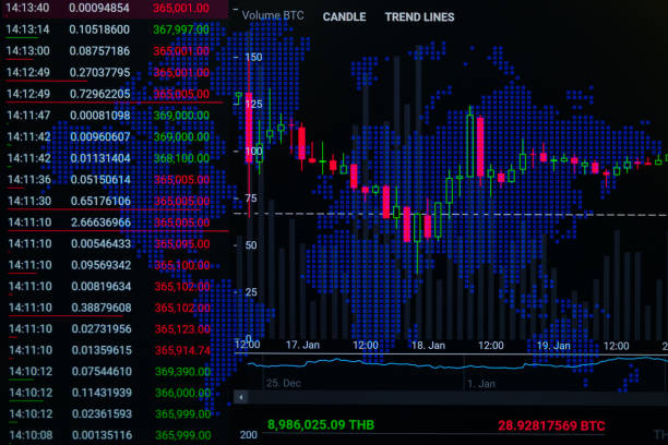 istock Business financial statistics with the candle chart on display. Digital cryptocurrency with blue pixel world map on the black background. 912029668
