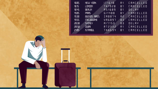 Passenger waiting for the plane, boarding, delays Passenger waiting for the plane, boarding, delays and strikes of the airlines cancelled stock illustrations