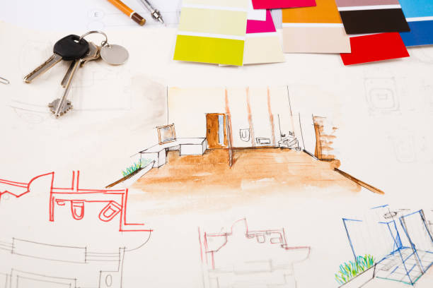 istock Designers tools on hand painted sketch of room 912037074