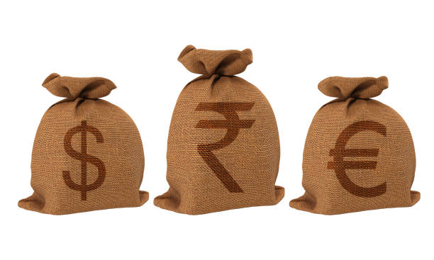 Three burlap money bag isolated on white background Group of different currency bags on white background. rupee coin stock pictures, royalty-free photos & images