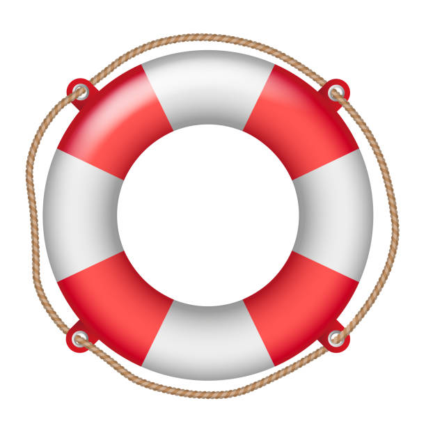 ilustrações de stock, clip art, desenhos animados e ícones de vector shiny realistic life buoy with rope - assistance or help symbol isolated on white background - nobody inflatable equipment rope