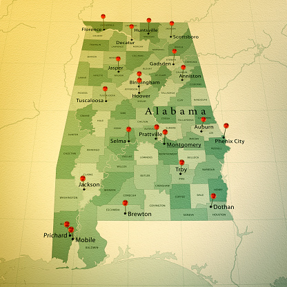 3D Render of a Map of Alabama State with Straight Pins at the Position of important Cities. Vintage Color Style. Very high resolution available!

All source data is in the public domain.
http://www.naturalearthdata.com/about/terms-of-use/
Made with Natural Earth: Internal Administrative Boundaries, Populated Places
http://www.naturalearthdata.com/downloads/10m-cultural-vectors/