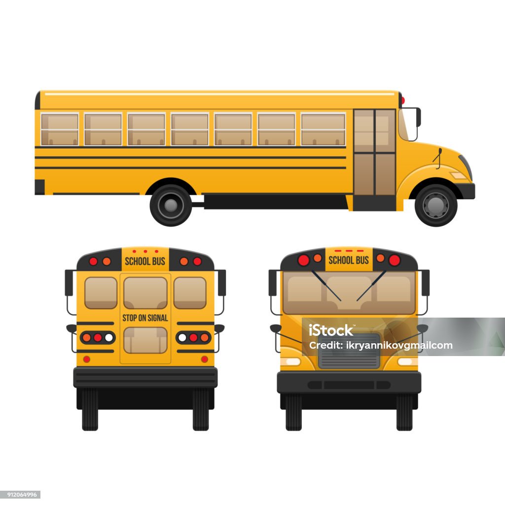 Yellow classic school children's bus. Modern education. Traveling with children Yellow classic school children's bus. Modern education. Traveling with children, traveling, transportation on kids school bus. Front, side and rear view. Vector illustration in flat style. School Bus stock vector