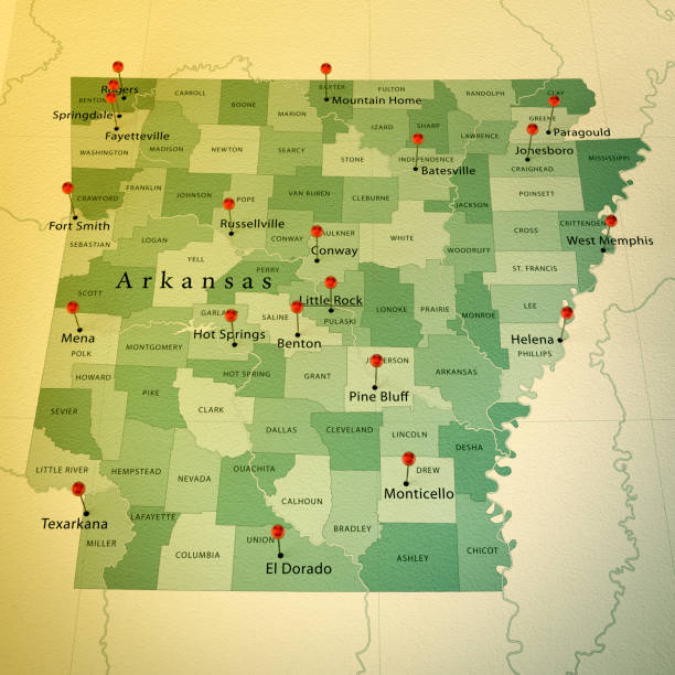 istock Arkansas State Map Square Cities Straight Pin Vintage 912065056