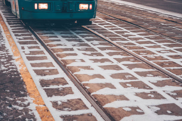 istock Tramways covered with snow, on the frozen rails comes a tram 912065546