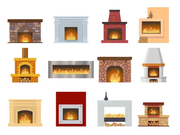 Vector illustration of Set fireplace made of colored bricks, natural stone, gypsum, flame