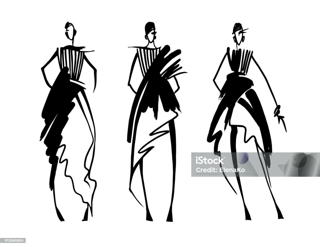 sketh Fashion models sketch hand drawn , stylized silhouettes isolated.Vector fashion illustration set. Fashion stock vector