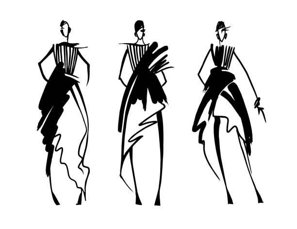 sketh Fashion models sketch hand drawn , stylized silhouettes isolated.Vector fashion illustration set. dress illustrations stock illustrations