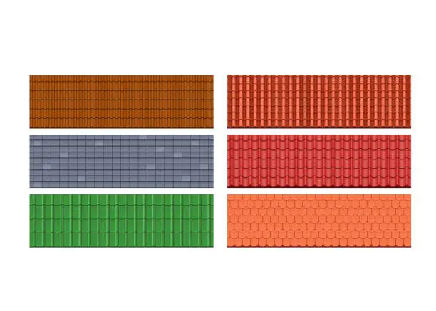 Vector illustration of Types roof tiles, roofs for house, different colors, textures, materials