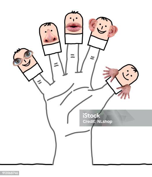 Big Hand With Cartoon Characters And Five Senses Stock Photo - Download Image Now - Sensory Perception, Five People, Humor