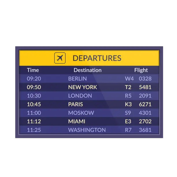 Vector illustration of Board of departures in airport. Realistic flip airport scoreboard template