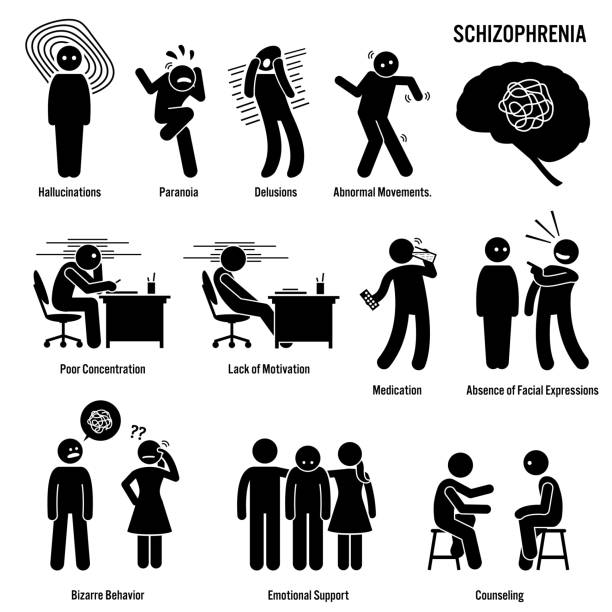 Schizophrenia Chronic Brain Disorder Icons. Pictograms showing signs, symptoms, and treatment of schizophrenia brain disorder disease. brain eater stock illustrations
