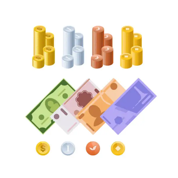 Vector illustration of Various monetary currencies, in form of cash, paper bills, coins