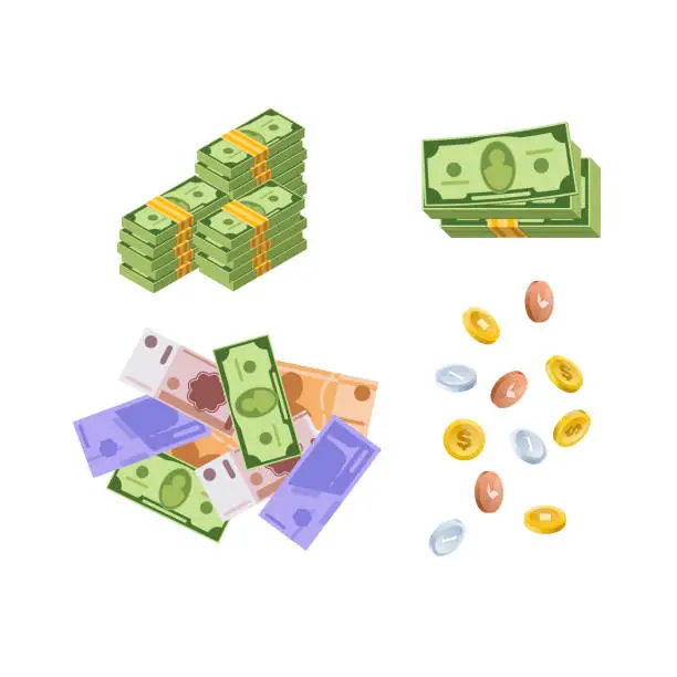 Vector illustration of Various monetary currencies, in form of cash, paper bills, coins