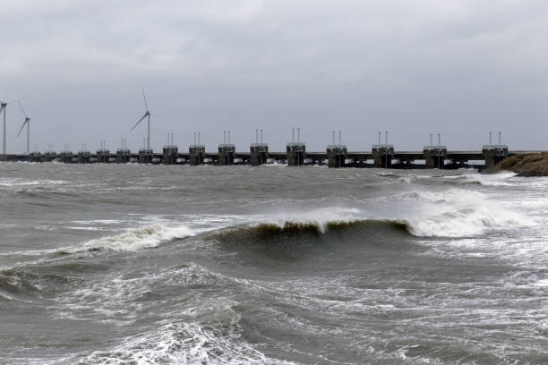 istock Storm surge barrier closed for storm high tide and flood 912087782