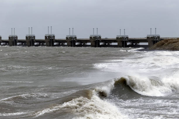 istock Durch Delta Works Oosterschelde storm surge barrier closed for flood 912087824