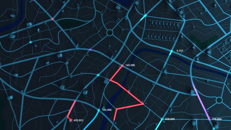 4K animation aerial view of night map with 3d building and destination moving location path with grain processed