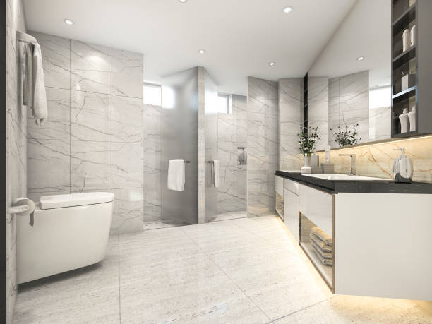 istock 3d rendering cream modern vintage bathroom with luxury tile decor 912107280