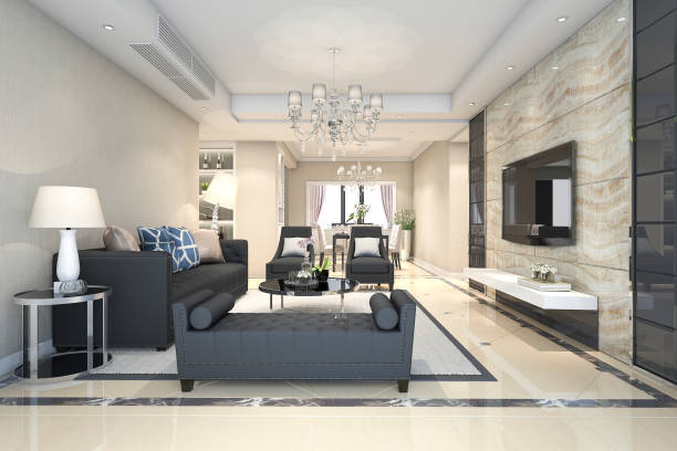 istock 3d rendering  luxury and modern living room and dining room 912107282