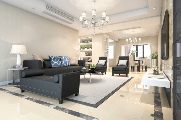 istock 3d rendering  luxury and modern living room and dining room 912107304