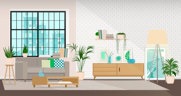 illustrazioni stock, clip art, cartoni animati e icone di tendenza di design d'interni moderno di un soggiorno o di uno spazio ufficio in stile industriale - living room