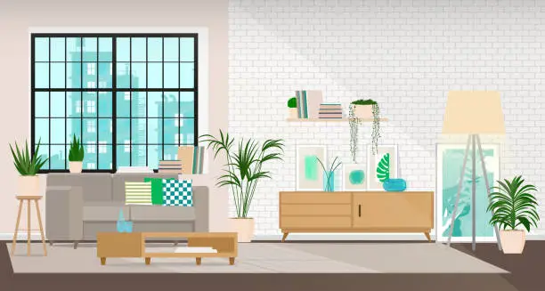 Vector illustration of Modern interior design of a living room or office space in an industrial style