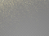 Glitter gold particles and star dust shimmer or magical falling gold glittering effect on vector transparent background