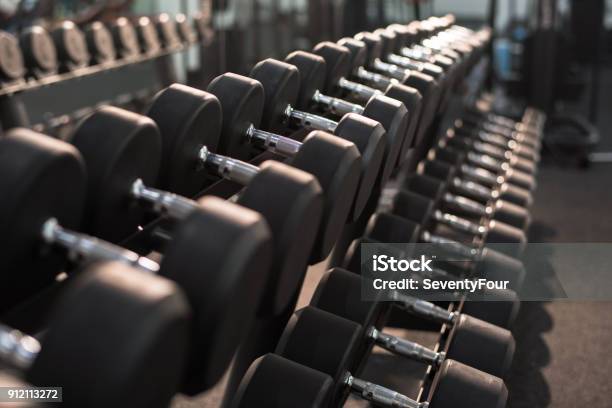Dumbbells On Stand In Gym Stock Photo - Download Image Now - Dumbbell, Gym, Rack