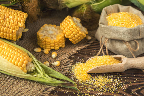 istock Fresh corn on cobs on rustic wooden table, top view. Dark wooden background freshly harvested organic corn. Corn grits in cloth sack. Shallow depth of field. 912116232