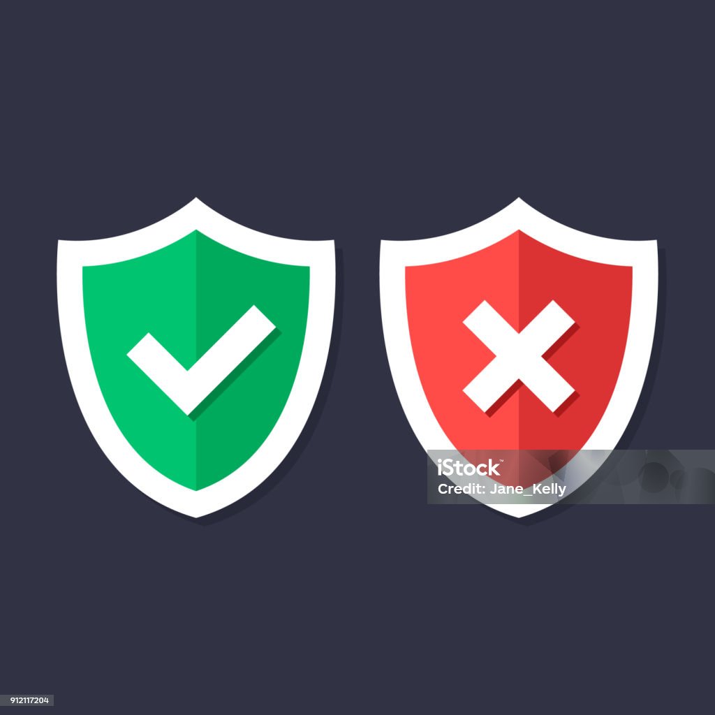 Shields and check marks icons set. Red and green shield with checkmark and x mark, cross mark. Protection, safety, security, reliability concepts. Modern flat design graphic elements. Vector icons Shield stock vector