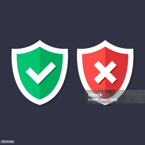 Shields And Check Marks Icons Set Red And Green Shield With Checkmark And X Mark Cross Mark Protection Safety Security Reliability Concepts Modern Flat Design Graphic Elements Vector Icons Stock Illustration - Download Image Now