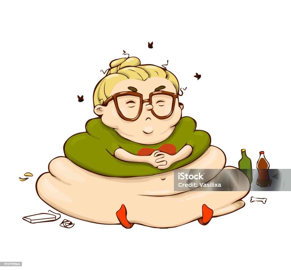 Funny Lazy Cartoon Girl Vector Isolated Fat Person Sticker Stock  Illustration - Download Image Now - iStock