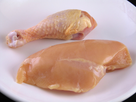 Raw chicken breast and leg.