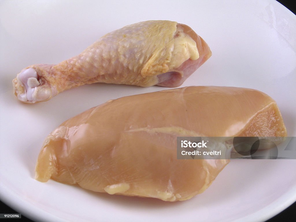 Raw chicken isolated on white plate Raw chicken breast and leg. Bacterium Stock Photo