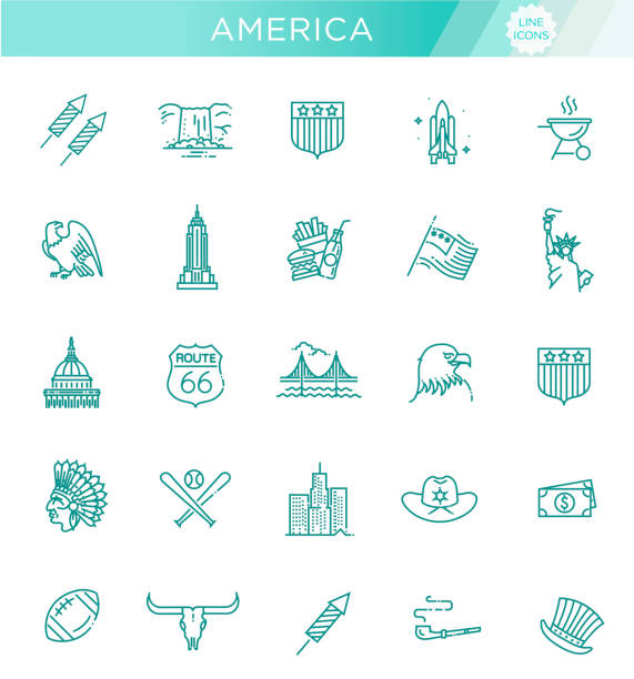 American Culture Icons, Culture Signs of the USA Traditions of America, US Life, National Objects of USA, Black Line Icons san francisco flag stock illustrations