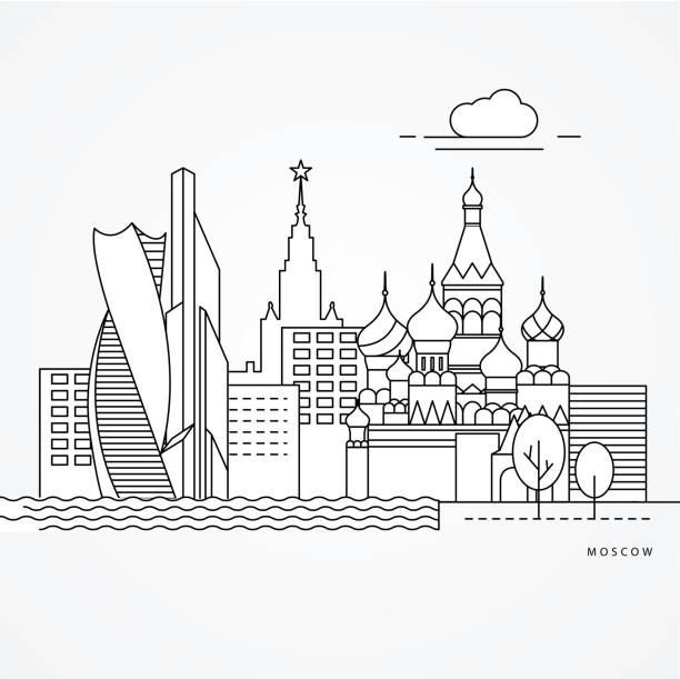 Print Linear illustration of Moscow, Russia. Flat one line style. Trendy vector illustration. Architecture line cityscape with famous landmarks, city sights, design icons. Editable strokes moscow stock illustrations