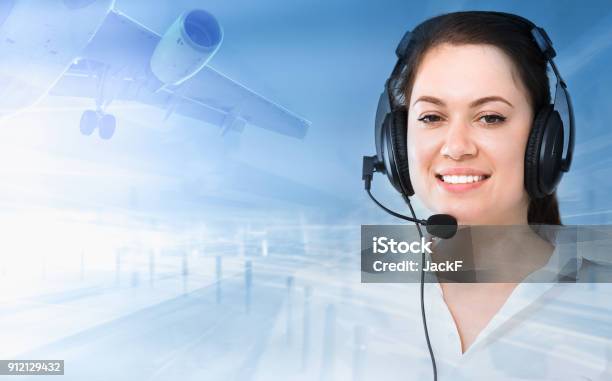 Dispatcher Navigating Plane Stock Photo - Download Image Now - Dispatcher, Headphones, Arrival