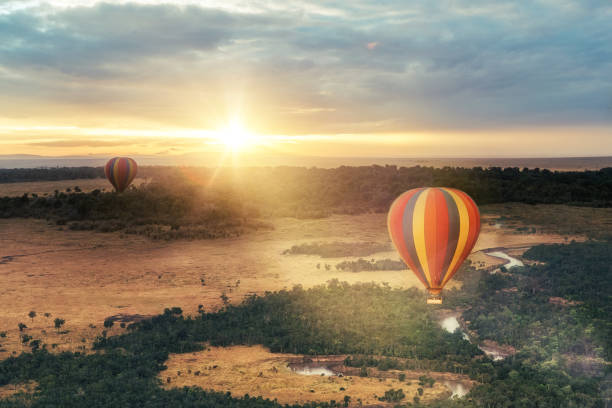 뜨거운 공기 풍선 타고 마 사이 마라에 - hot air balloon 이미지 뉴스 사진 이미지