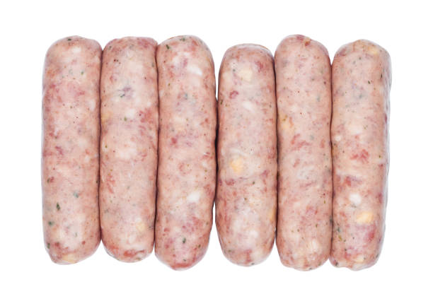 Image of six Pork and Bramley apple sausages linked together by the skins straight from the butchers