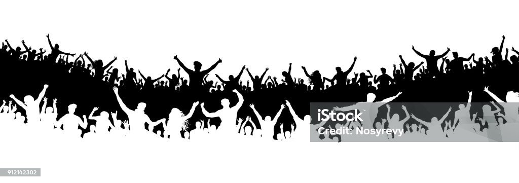 Foule des gens dans le stade. Foule d’amateurs de sport. Silhouette vecteur. Bannière, affiche - clipart vectoriel de Fan libre de droits