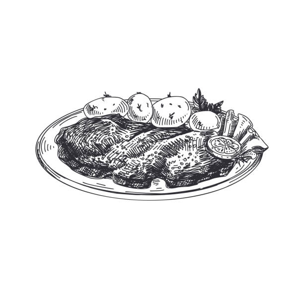 illustrazioni stock, clip art, cartoni animati e icone di tendenza di bellissimo vettore disegnato a mano cibo austriaco illustrazione. - schnitzel cutlet food meal