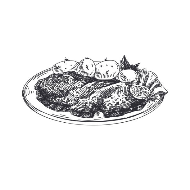 красивый вектор ручной обращается австрийская еда иллюстрация. - cooked chicken sketching roasted stock illustrations