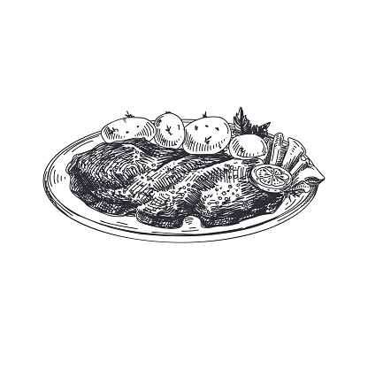 Schnitzel. Beautiful vector hand drawn austrian food Illustration. Detailed retro style images. Vintage sketch element for labels and cards design.