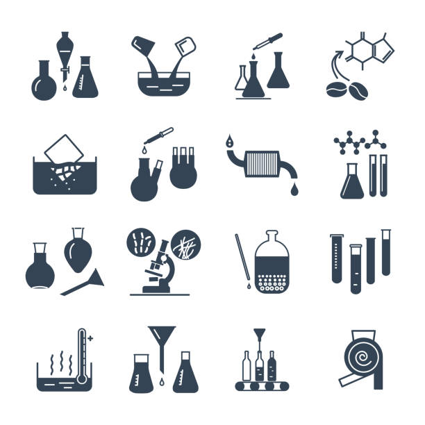set of black icons chemical laboratory equipment and test-tubes vector art illustration