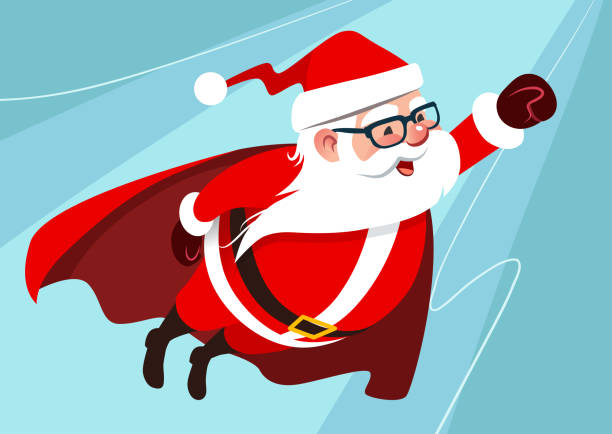 ilustrações de stock, clip art, desenhos animados e ícones de vector cartoon illustration of cute funny santa claus as superhero, wearing cape, flying through the air with one arm stretched forward, on aqua blue background. christmas flat design element. - superhero humor men cape