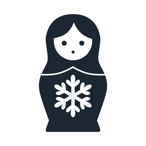 illustrations, cliparts, dessins animés et icônes de mignon russe matryoshka nidification folk jouet poupée avec icône illustration de flocon de neige vector. élément de conception simple mono couleur style contemporain isolé sur blanc. bulletins d’enneigement, météo, flétrissent concept. - wood toy babushka isolated on white